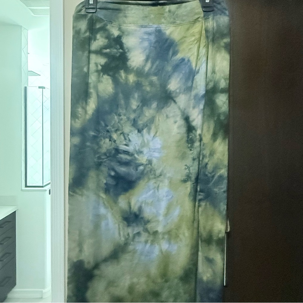 Sundry Midi Skirt Women's 2 Green Blue Tie-Dye Stretch Side Slit Retro Vintage